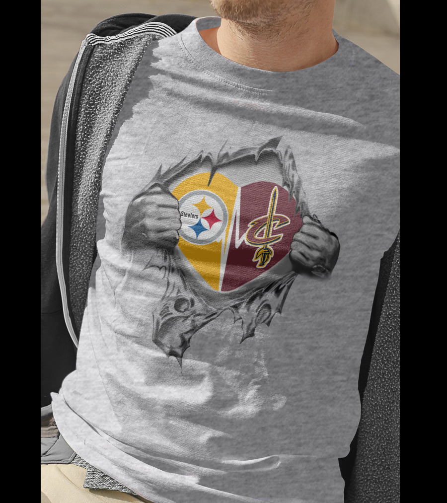 Steelers Cleveland Cavaliers Heart Logo Teared Open T-Shirt