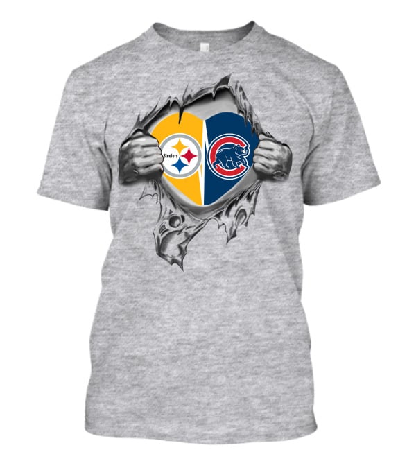 Steelers And Cubs Heart Design With Torn Steel Effect T-Shirt