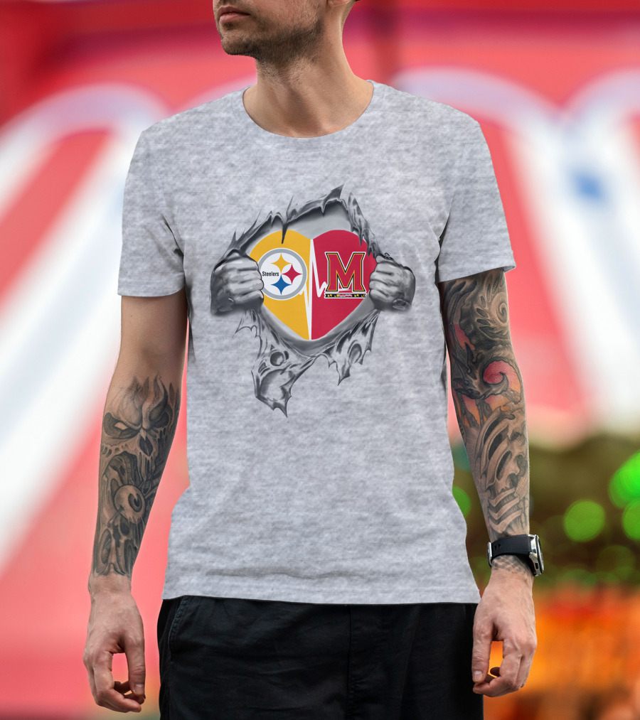 Steelers Maryland Heartbeat With Steelers And Maryland Terrapins Heart T-Shirt