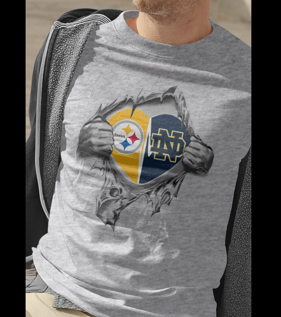 Steelers Notre Dame Heart Logos Inside Ripped Hands Steelers Notre Dame Heart T-Shirt
