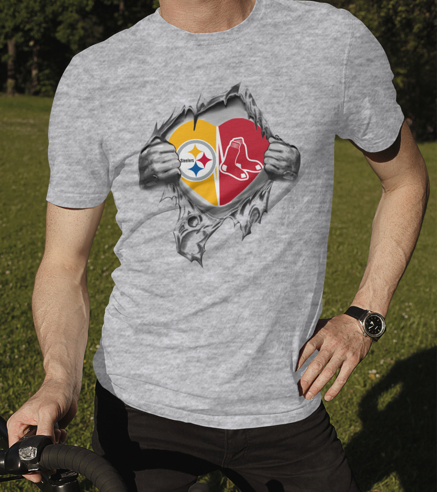 Steelers Redsox Heart Logos Torn Background T-Shirt