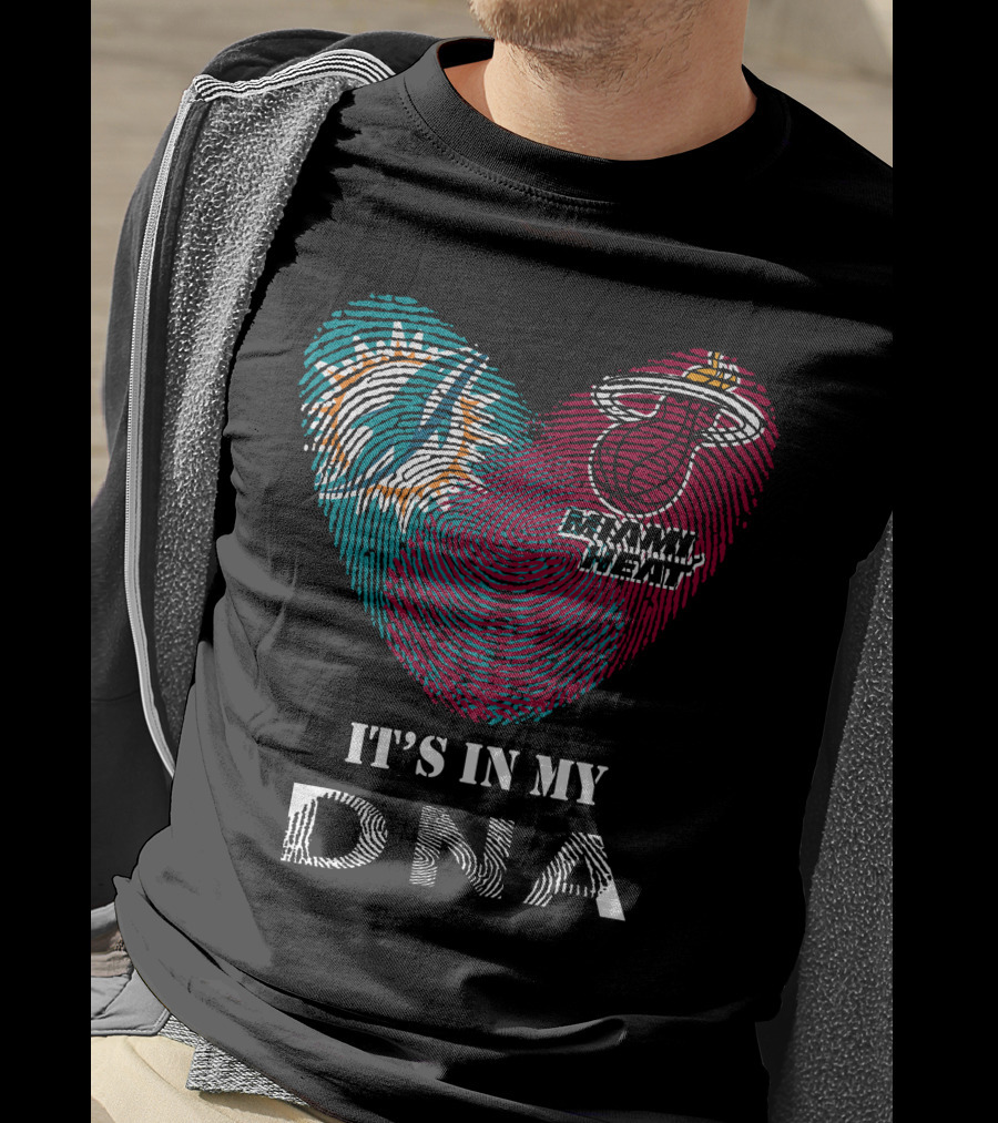 Miami Dolphins Miami Heat It's In My Dna Fingerprint Heart T-Shirt