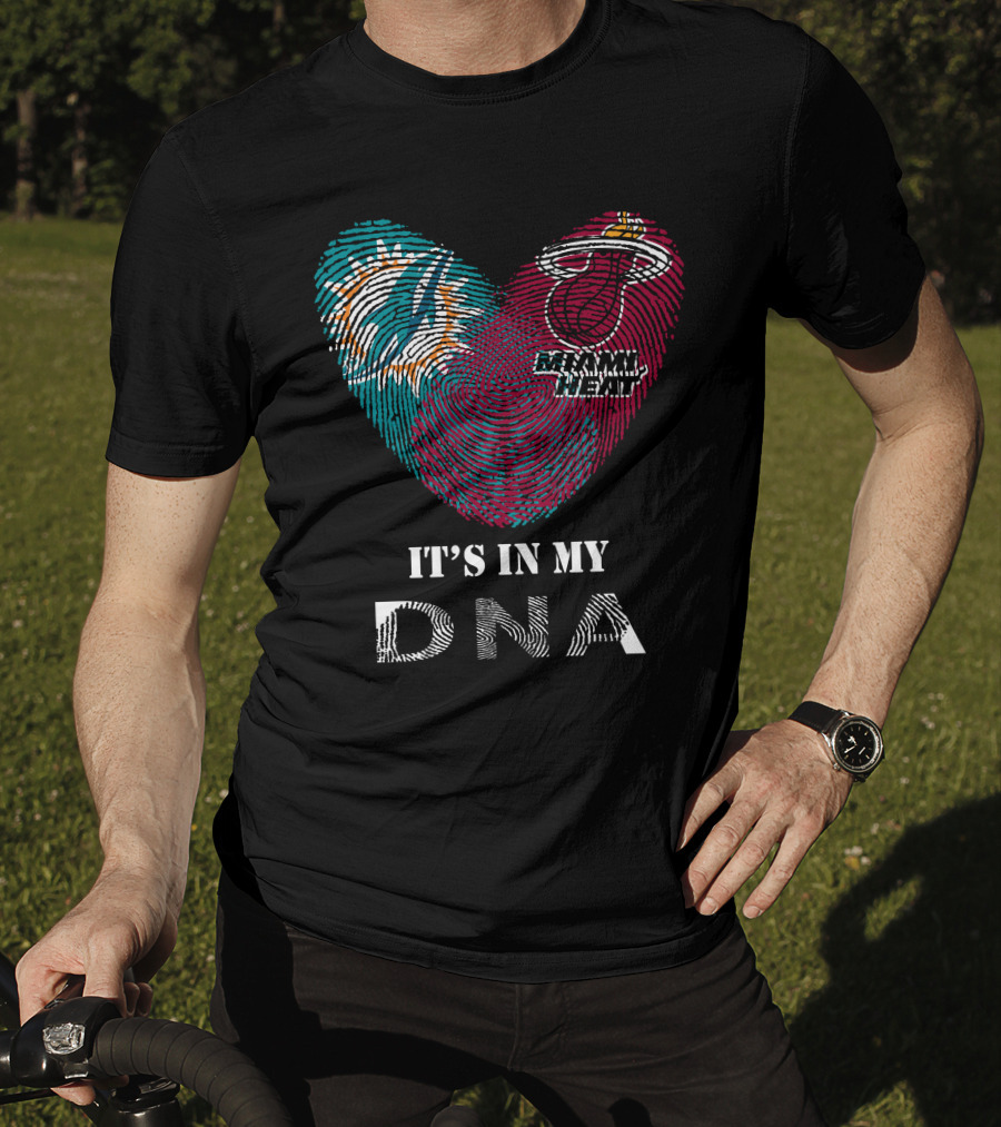 Miami Dolphins Miami Heat It's In My Dna Fingerprint Heart T-Shirt