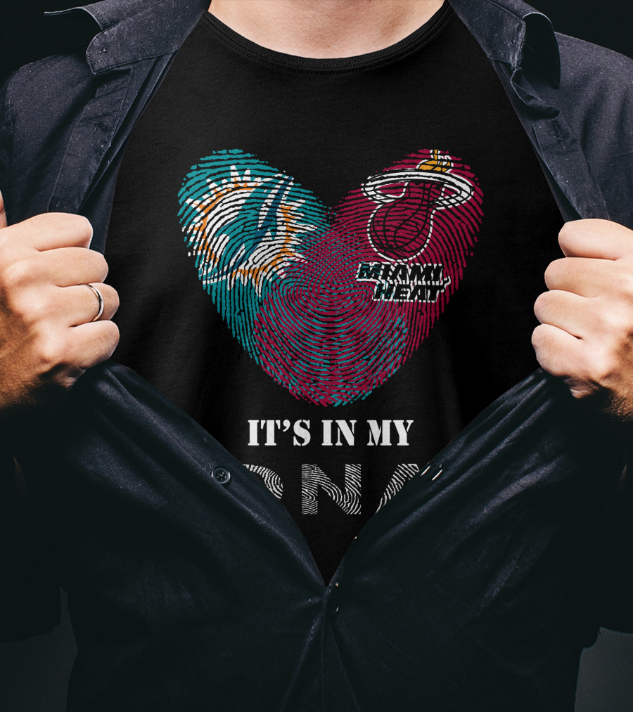 Miami Dolphins Miami Heat It's In My Dna Fingerprint Heart T-Shirt