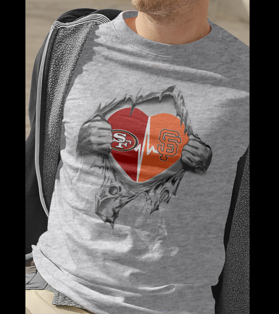 49ers Giants Heartbeat Logo Blended In Torn Heart T-Shirt