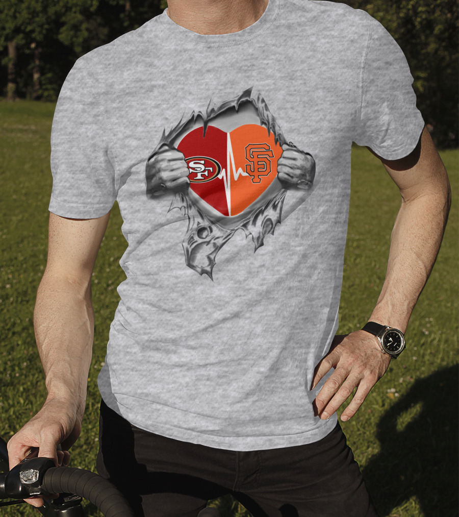 49ers Giants Heartbeat Logo Blended In Torn Heart T-Shirt