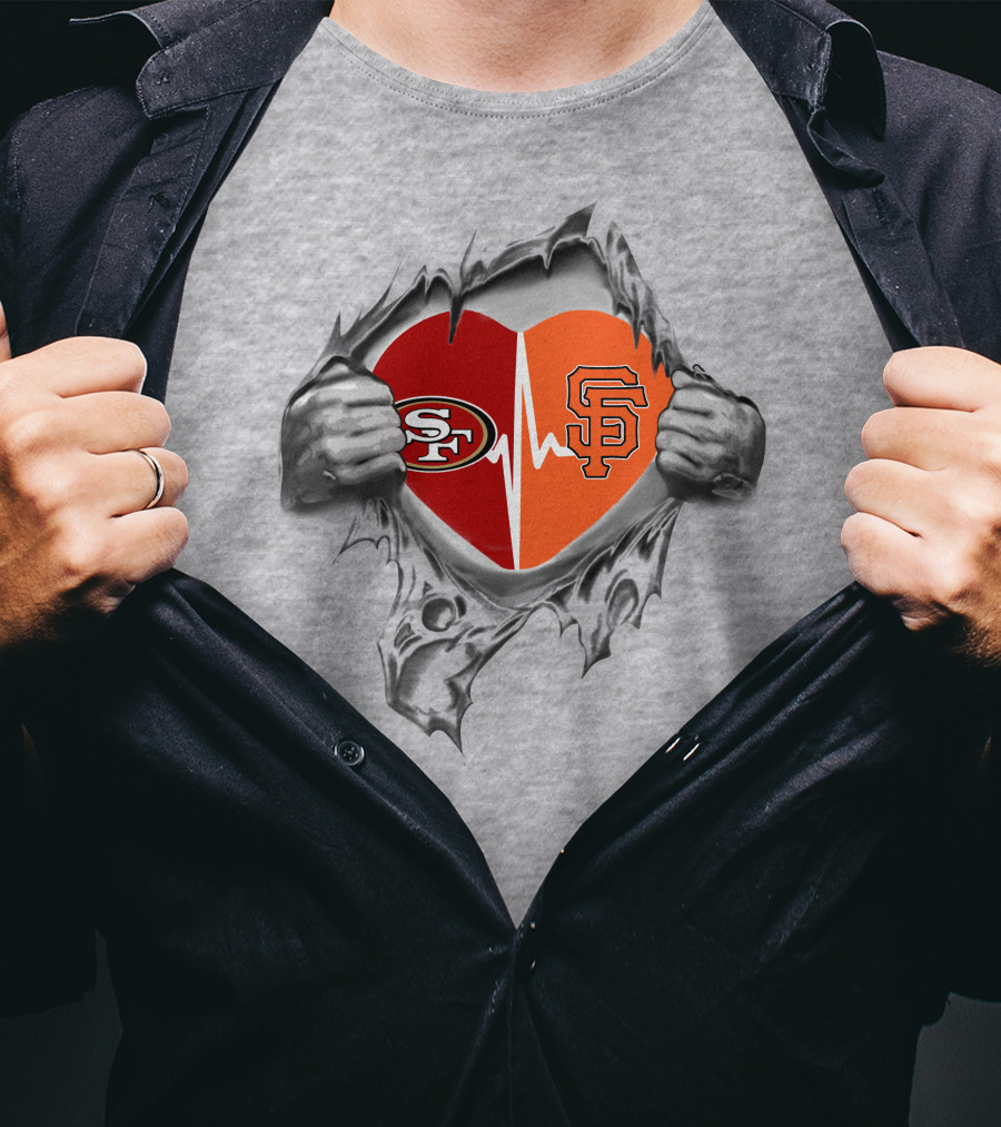 49ers Giants Heartbeat Logo Blended In Torn Heart T-Shirt