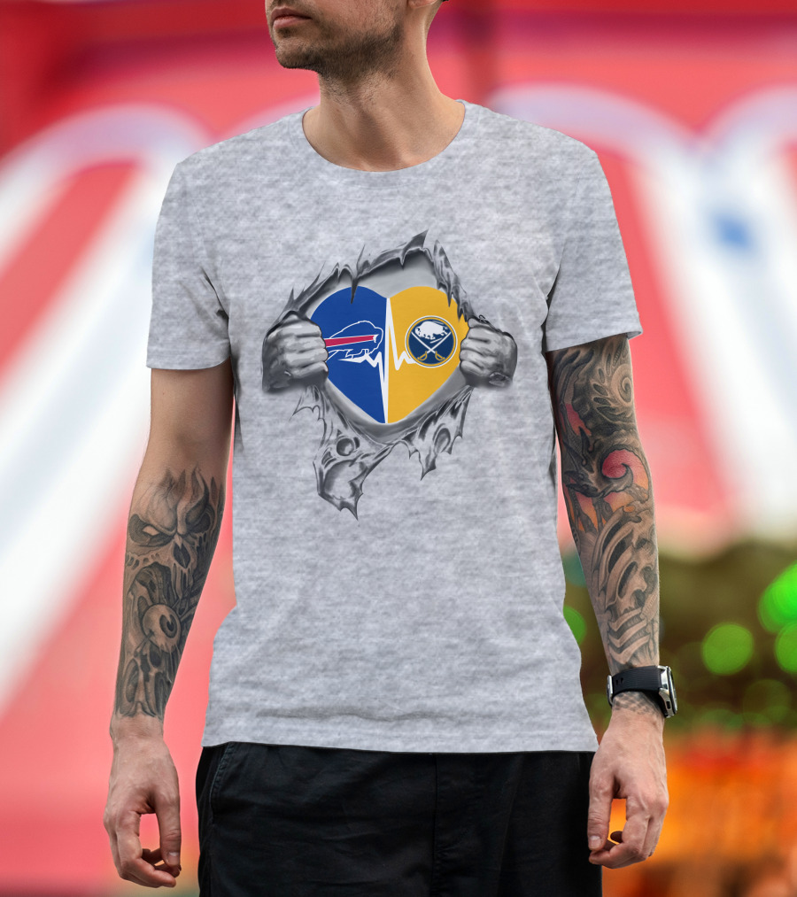 Bills Sabres Heart Torn Fabric Combined Team Logos Inside T-Shirt