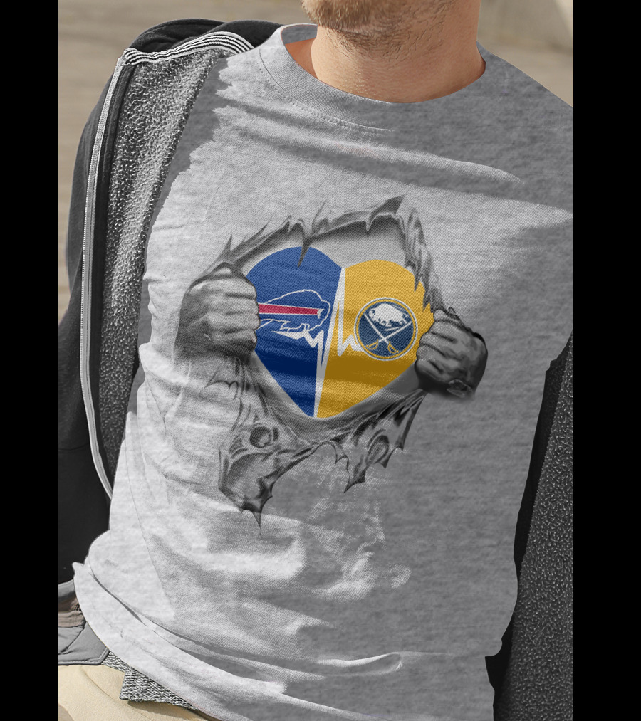 Bills Sabres Heart Torn Fabric Combined Team Logos Inside T-Shirt