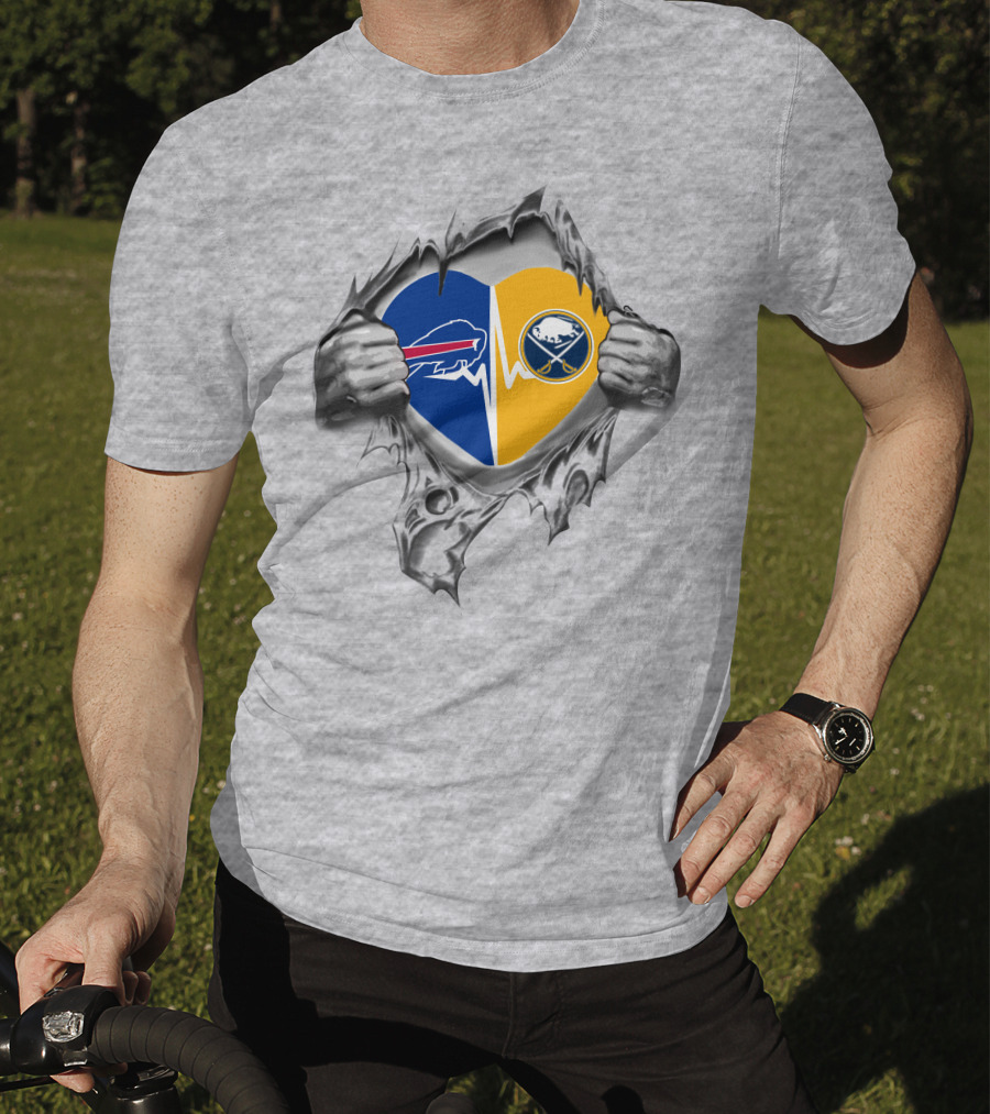 Bills Sabres Heart Torn Fabric Combined Team Logos Inside T-Shirt