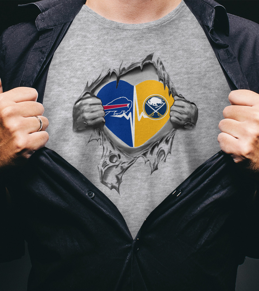 Bills Sabres Heart Torn Fabric Combined Team Logos Inside T-Shirt
