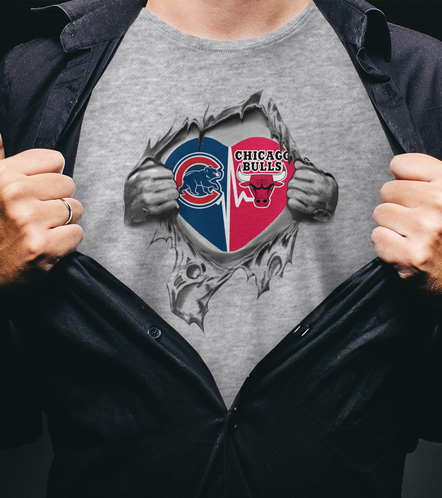 Chicago Cubs Bulls Heart Logo Rip T-Shirt