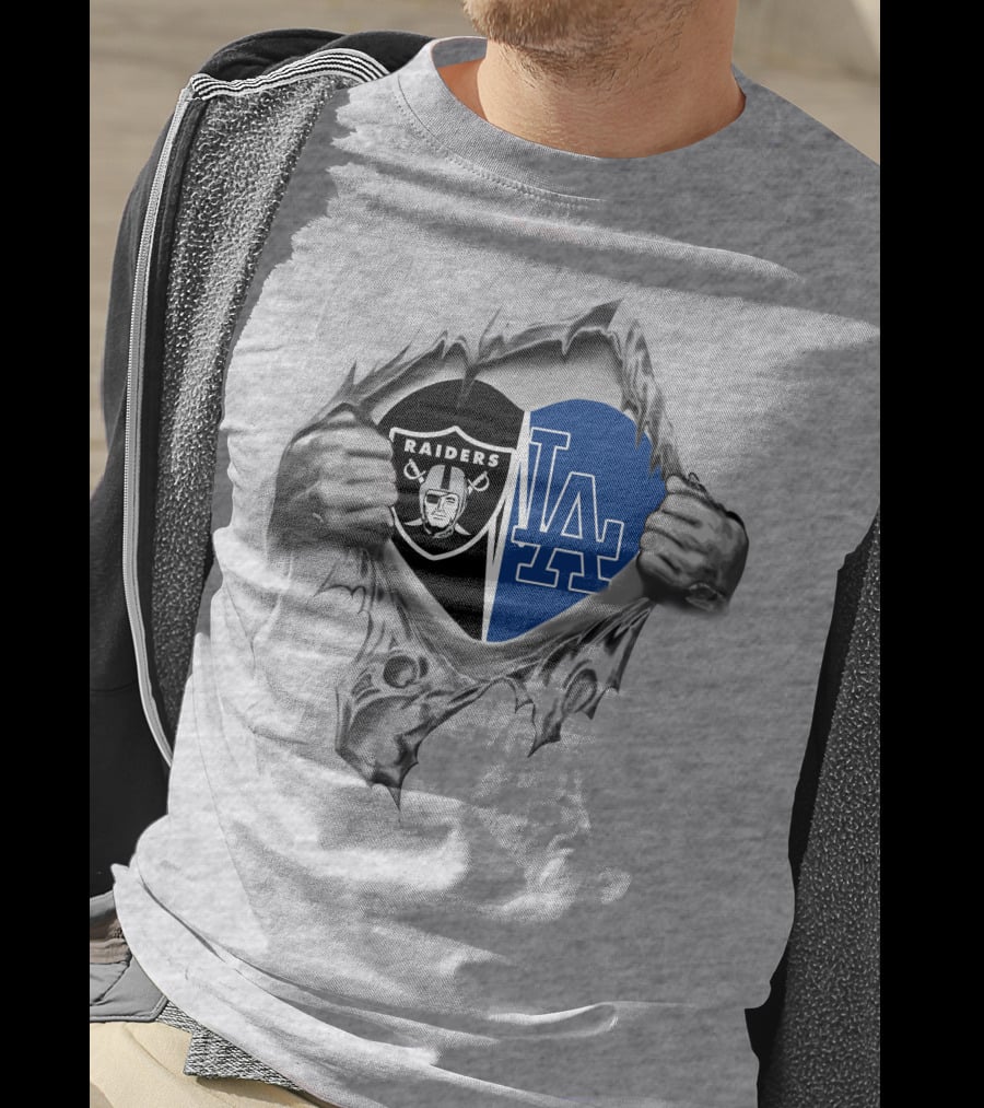 Raiders Dodgers Heart Emblem Tear Fusion T-Shirt