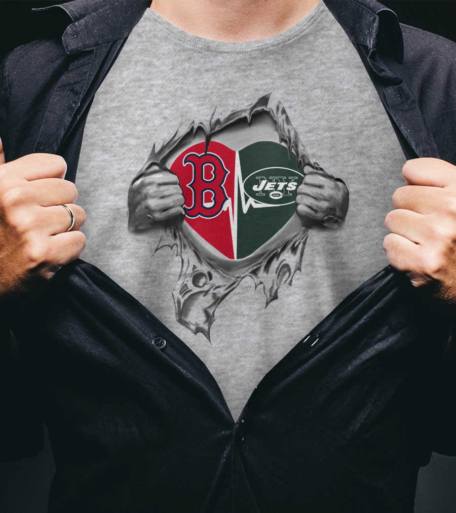 Jets Red Sox Heart Logo Split With Ripped T-Shirt