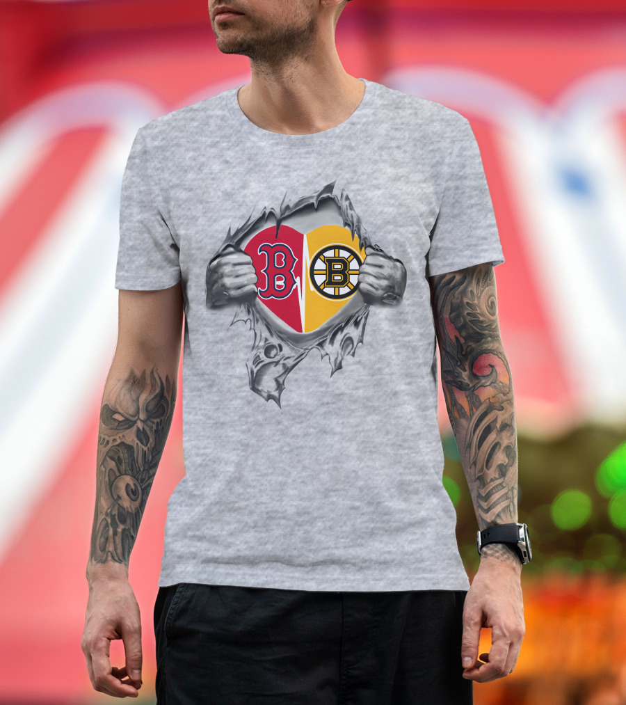 Red Sox Bruins Heart With Tattered Team Logos And Hands Peeling Open T-Shirt