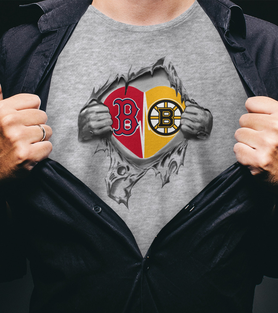Red Sox Bruins Heart With Tattered Team Logos And Hands Peeling Open T-Shirt