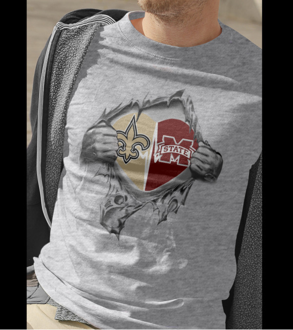 Saints MS State Heart Design Fleur-de-Lis And Bulldogs Ripped T-Shirt