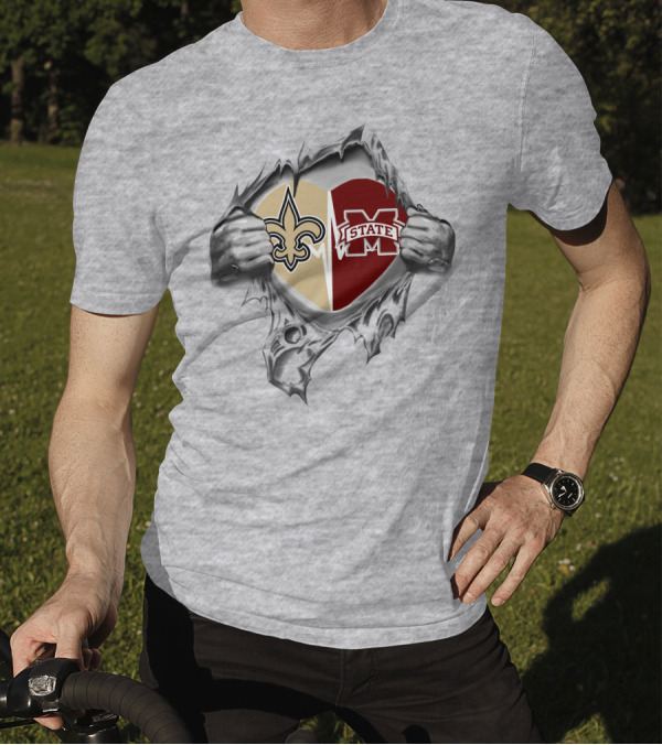 Saints MS State Heart Design Fleur-de-Lis And Bulldogs Ripped T-Shirt
