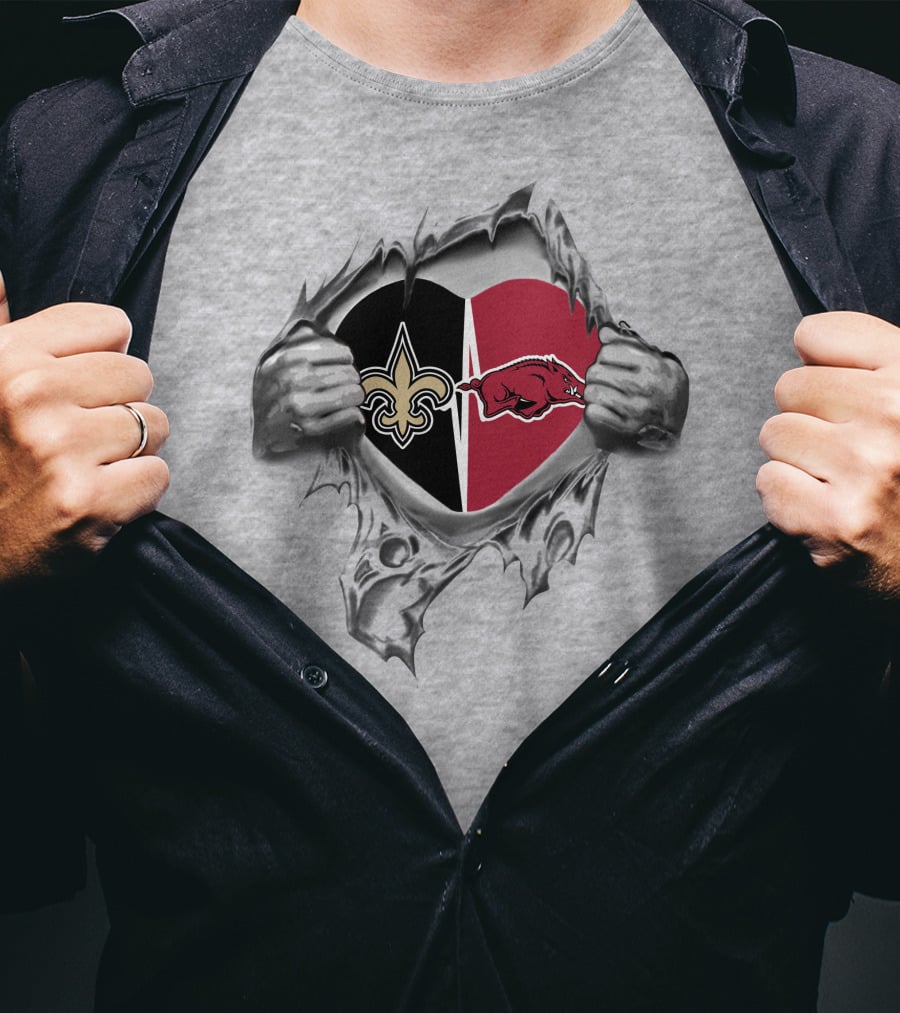 Saints Razorbacks Heart Emblem Fleur-De-Lis Split T-Shirt