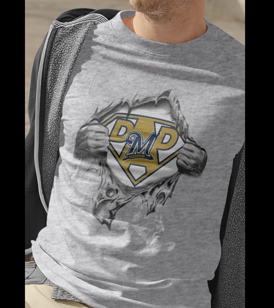 Milwaukee Brewers Super Dad M Power Logo Hidden Hero T-Shirt
