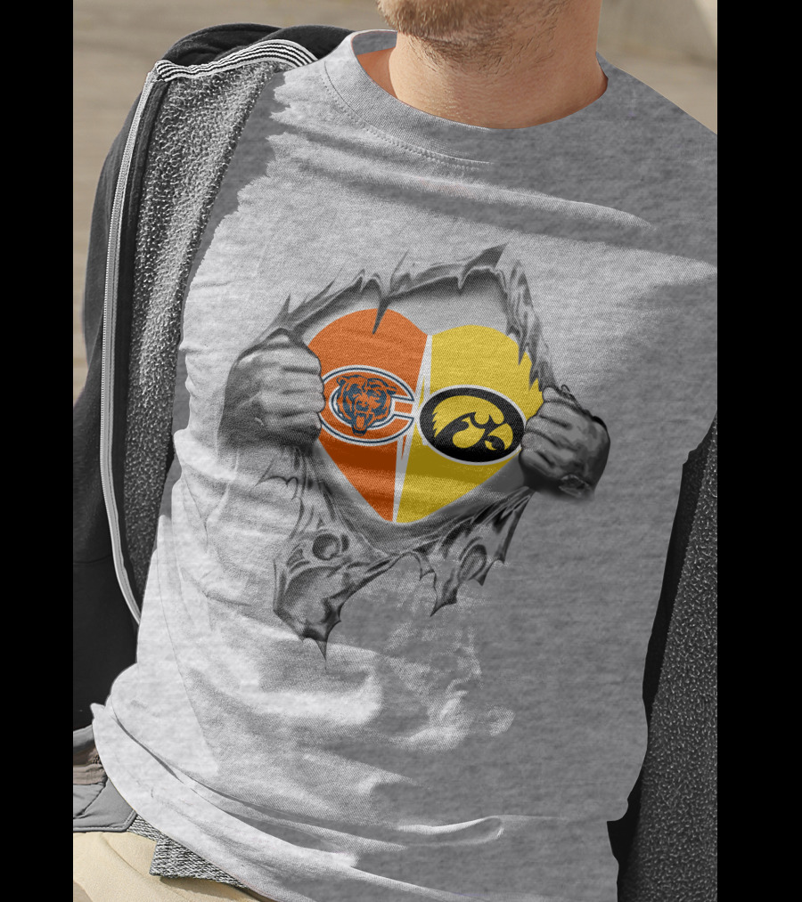 Bears Iowa Hawkeyes Heart Design With Chicago Bears And Iowa Hawkeyes Logo Combinación T-Shirt
