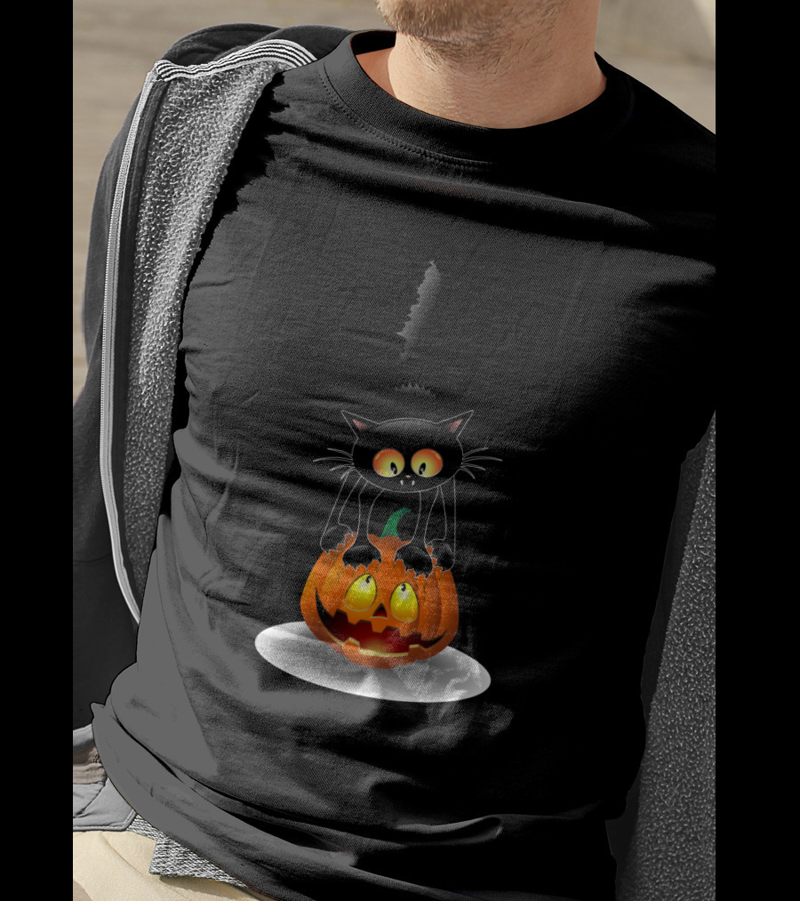Disney Mickey Mouse Halloween Pumpkin Head With Black Cat Jack O'lantern T-Shirt