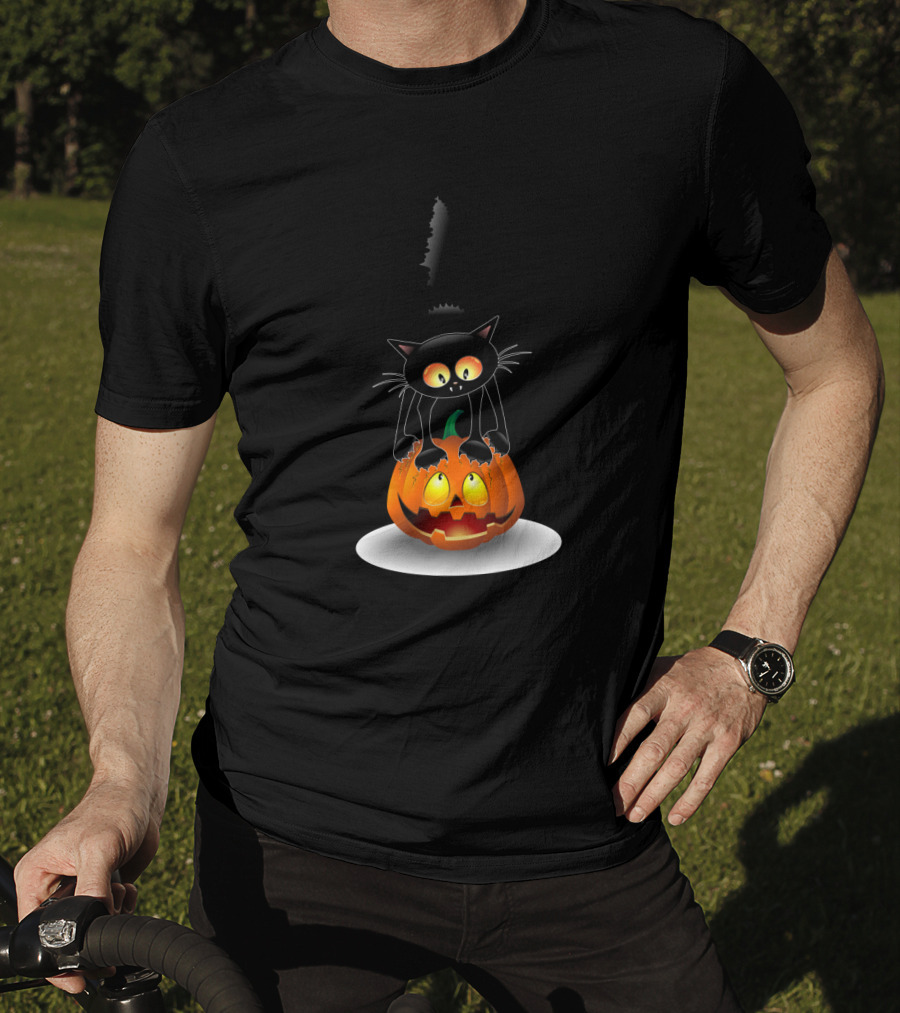 Disney Mickey Mouse Halloween Pumpkin Head With Black Cat Jack O'lantern T-Shirt