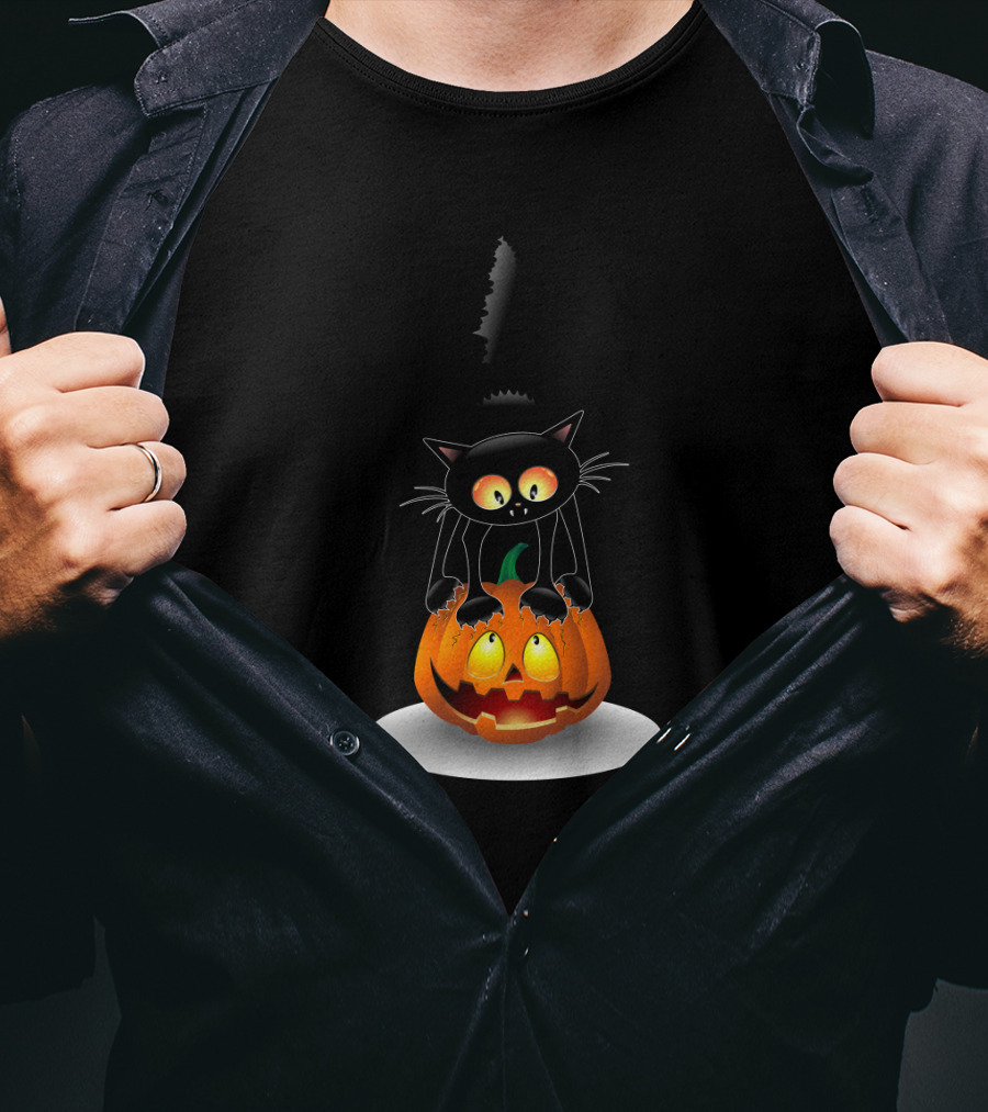 Disney Mickey Mouse Halloween Pumpkin Head With Black Cat Jack O'lantern T-Shirt