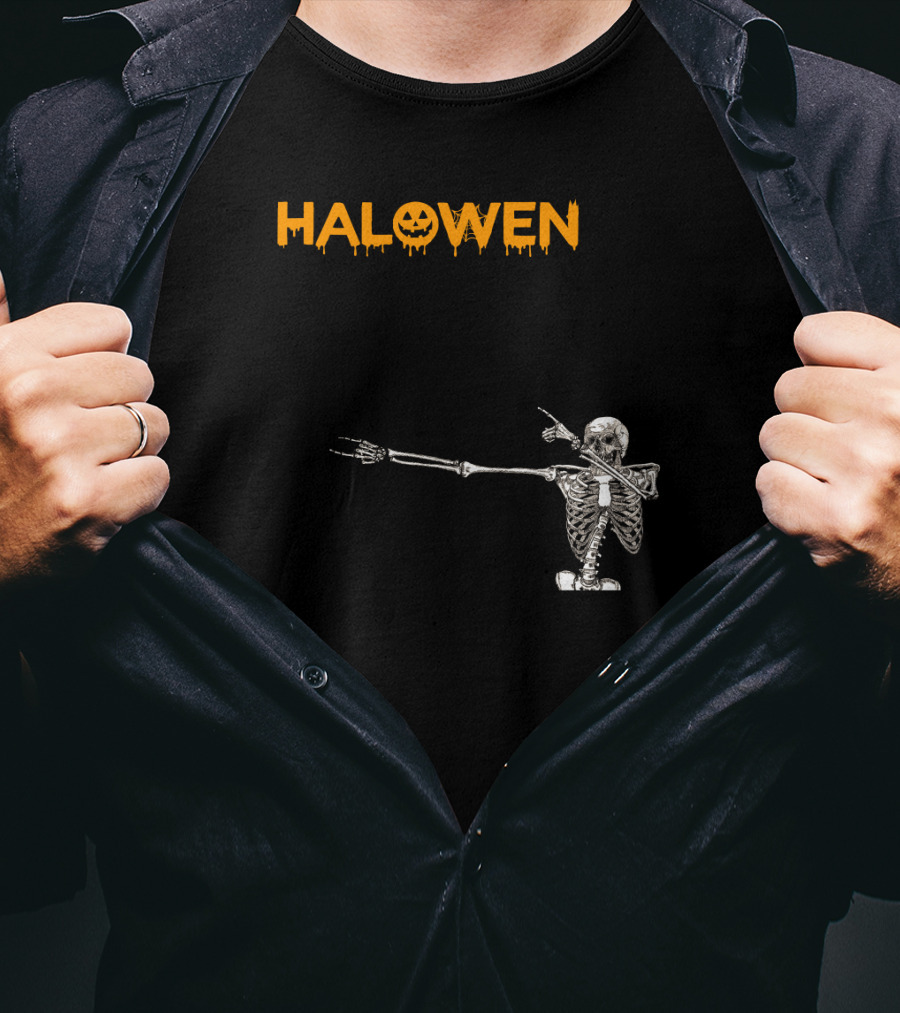 Halowen Skeleton Dabbing With Pumpkin Face T-Shirt