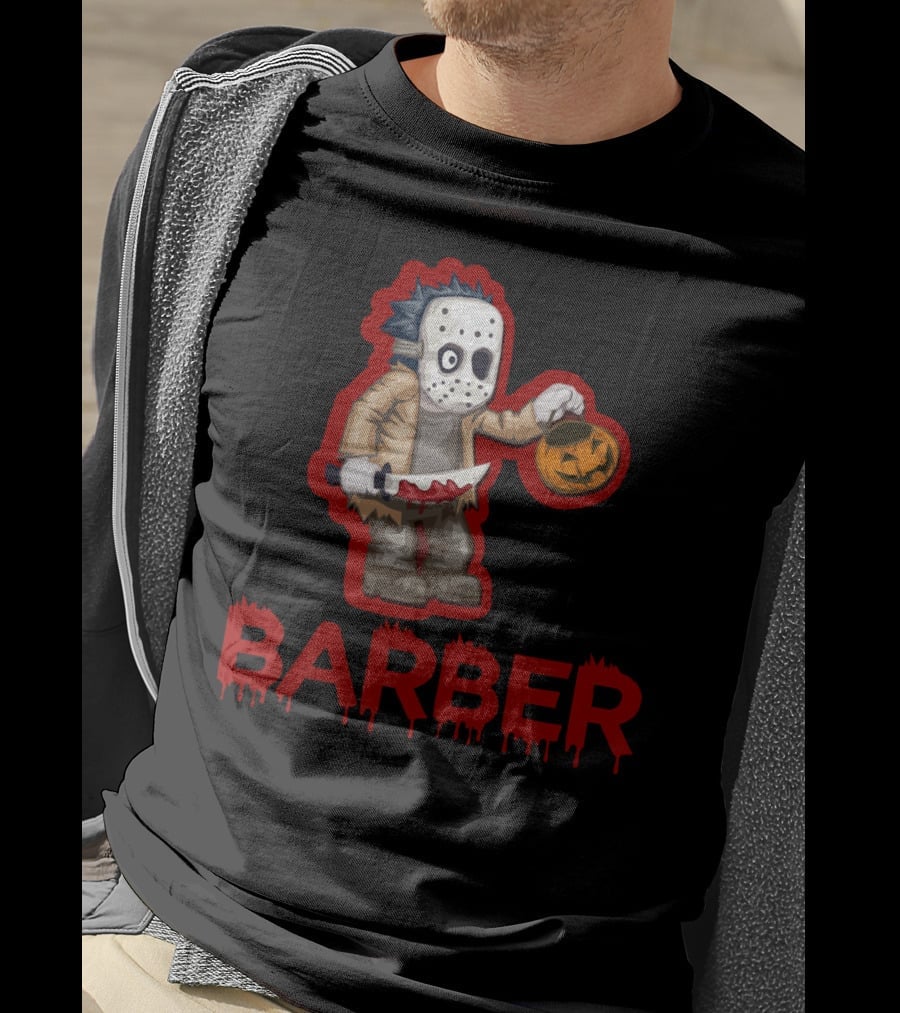 Halloween Barber Hairstylist Masked Horror With Pumpkin And Knife T-Shirt