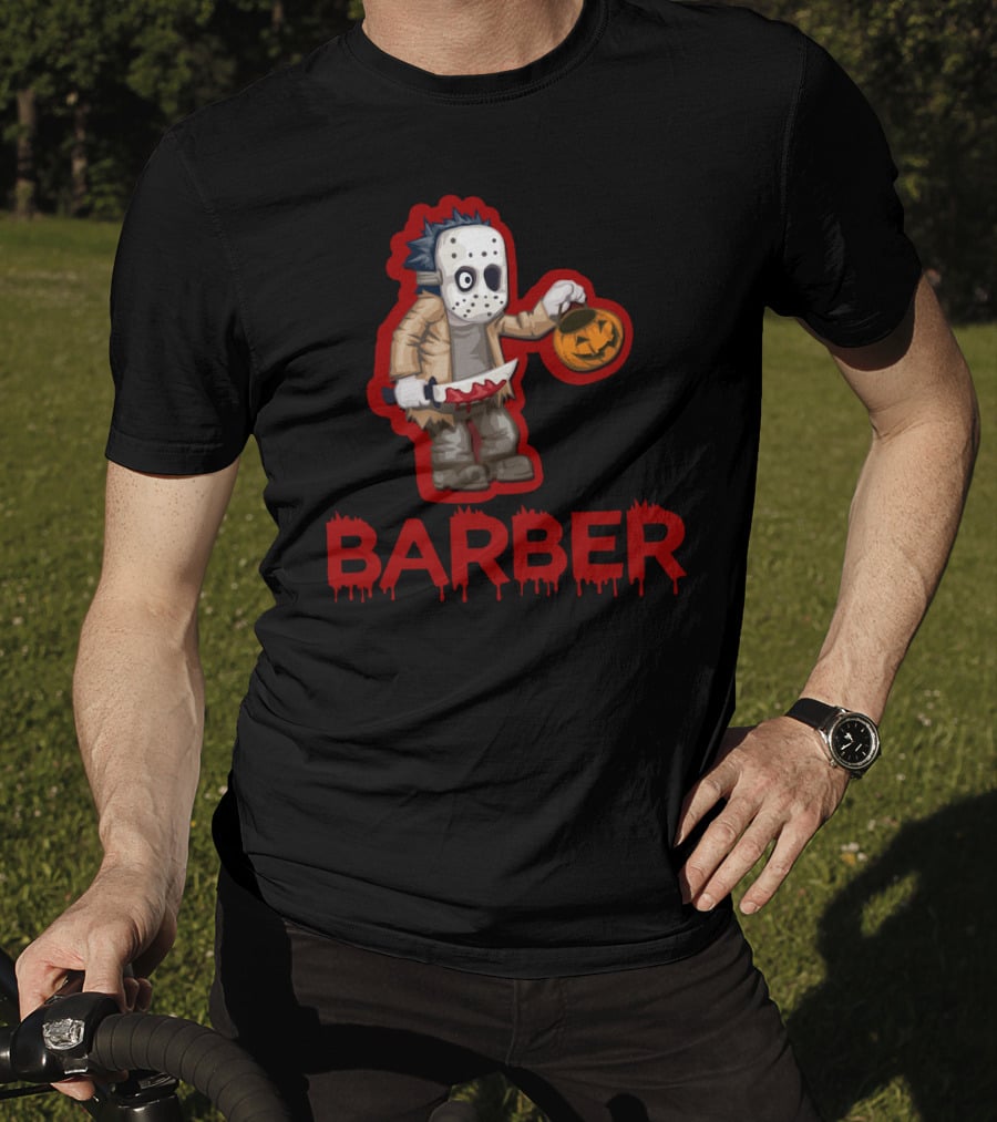 Halloween Barber Hairstylist Masked Horror With Pumpkin And Knife T-Shirt