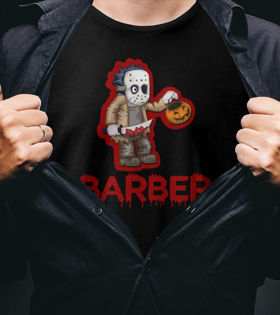 Halloween Barber Hairstylist Masked Horror With Pumpkin And Knife T-Shirt