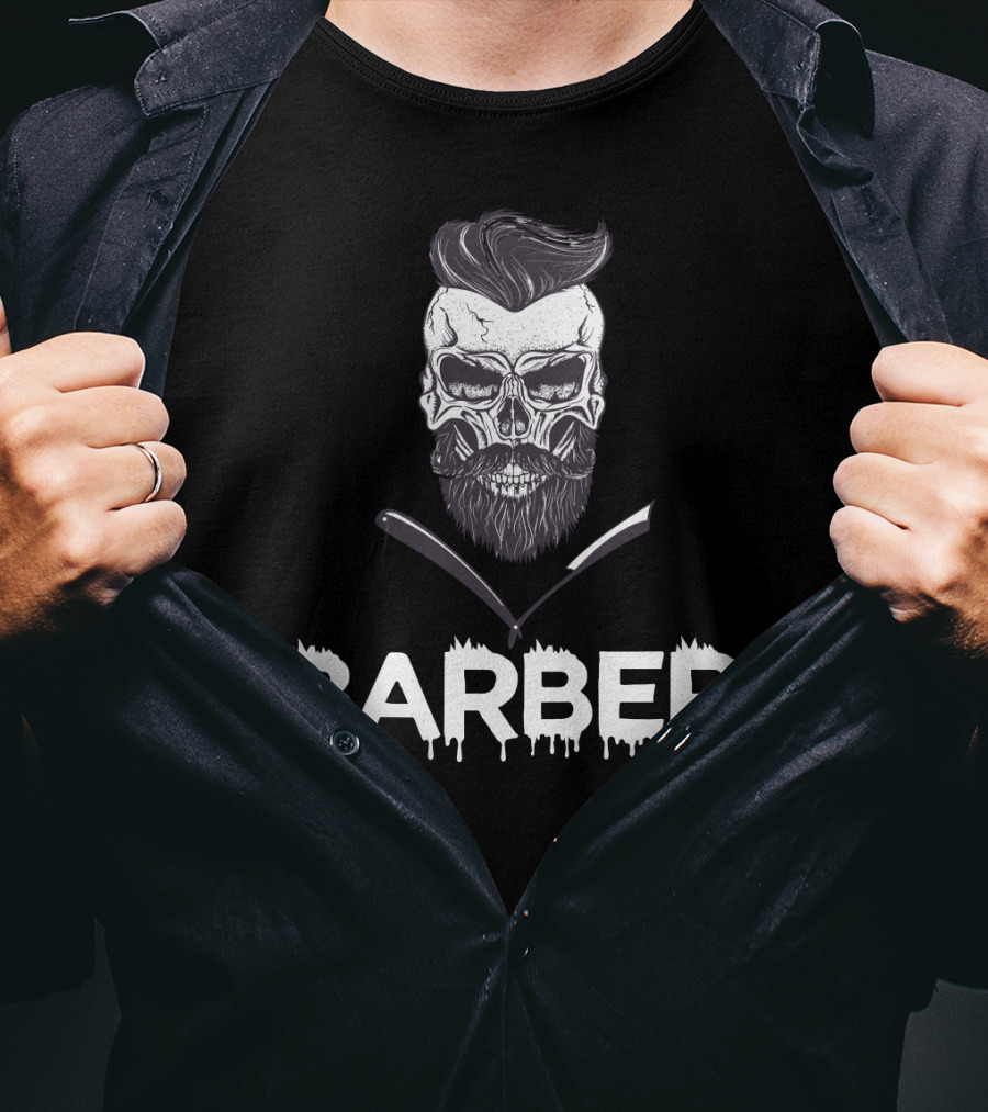 Barber Skull With Straight Razors Halloween Hairstylist T-Shirt