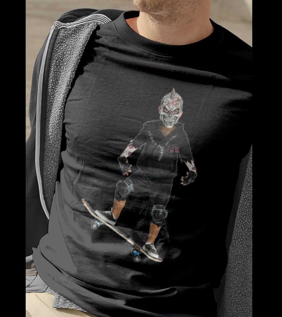 Halloween Costume Party Boy With Skull Mask On Skateboard T-Shirt