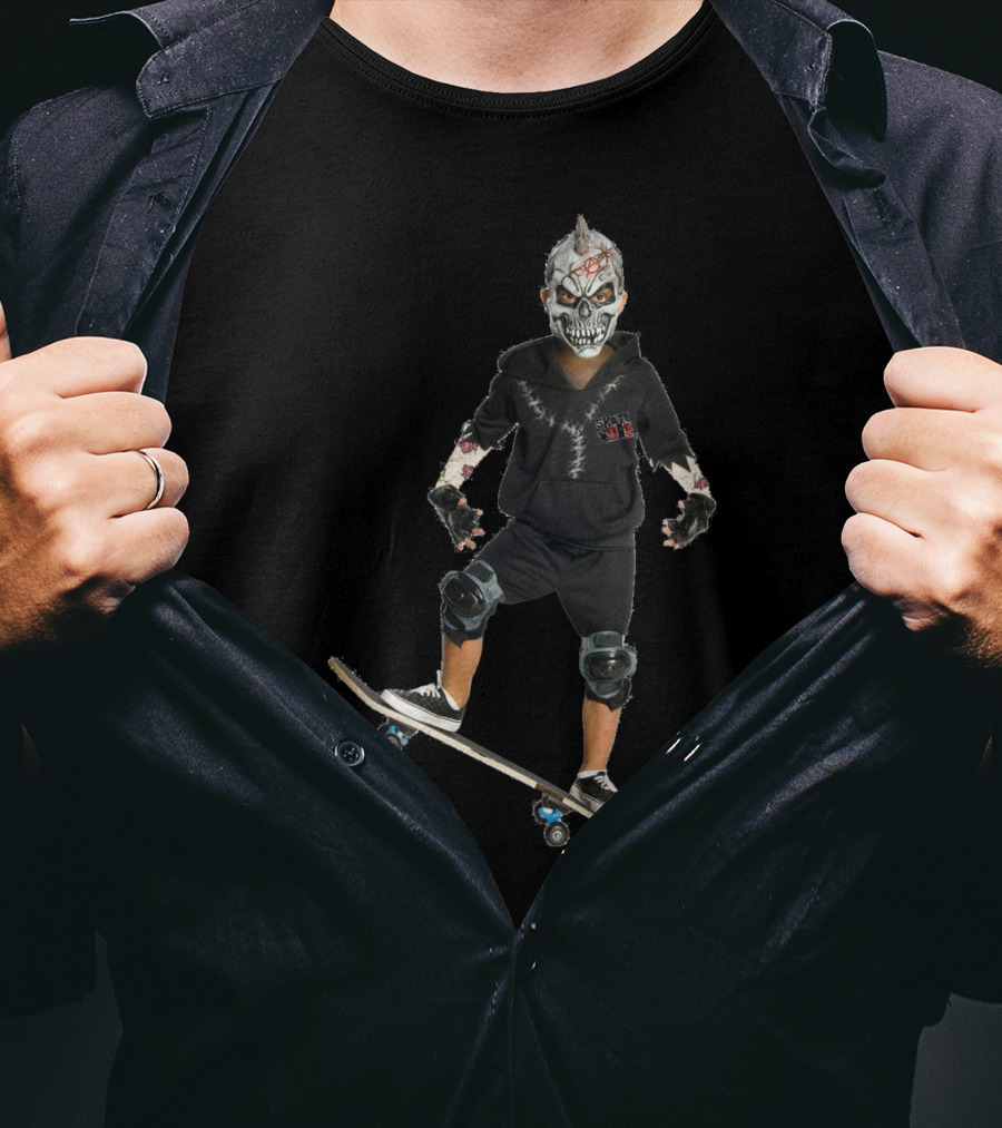 Halloween Costume Party Boy With Skull Mask On Skateboard T-Shirt