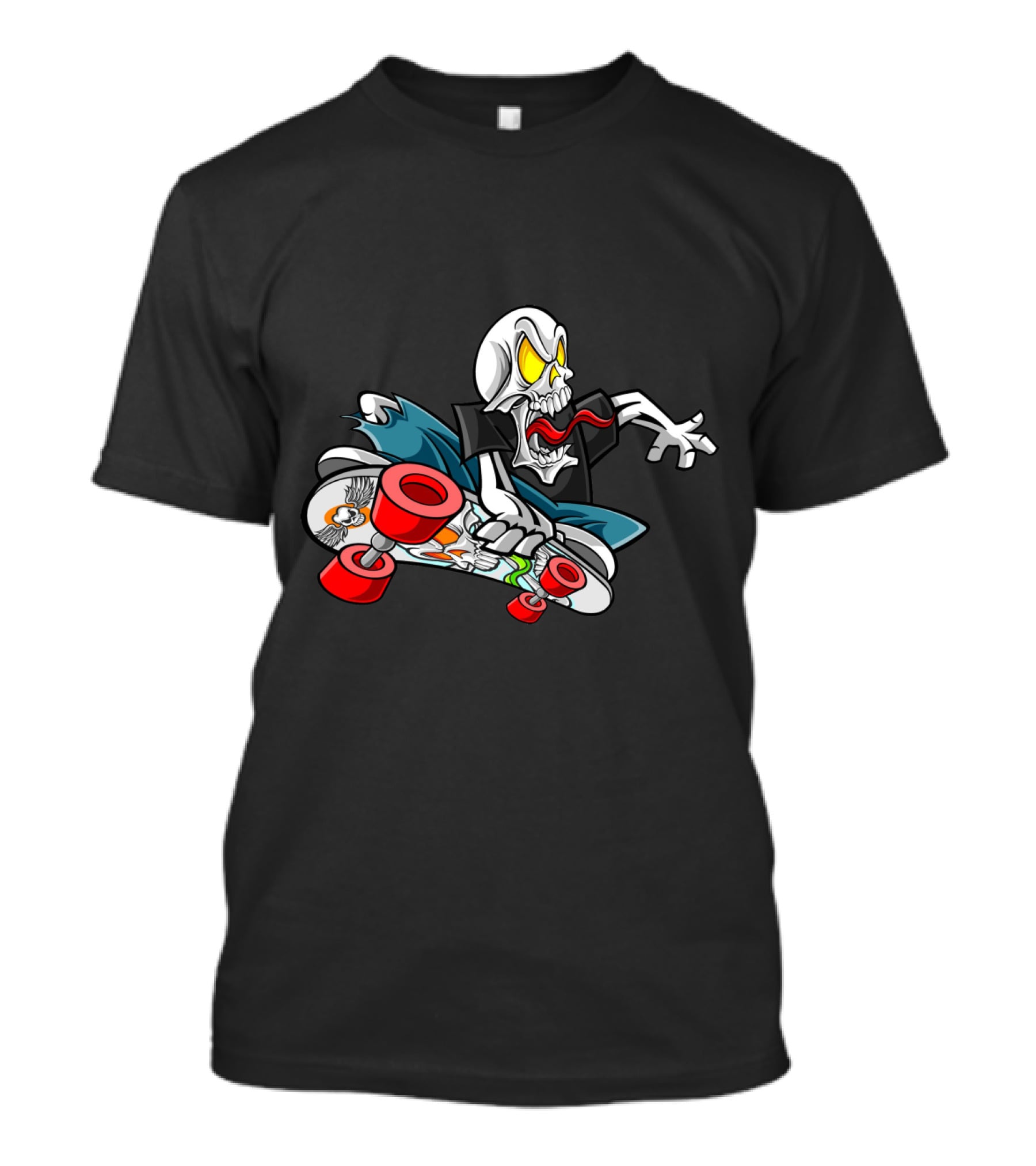 Halloween Skull Skateboarder With Red Wheels And Yellow Eyes T-Shirt