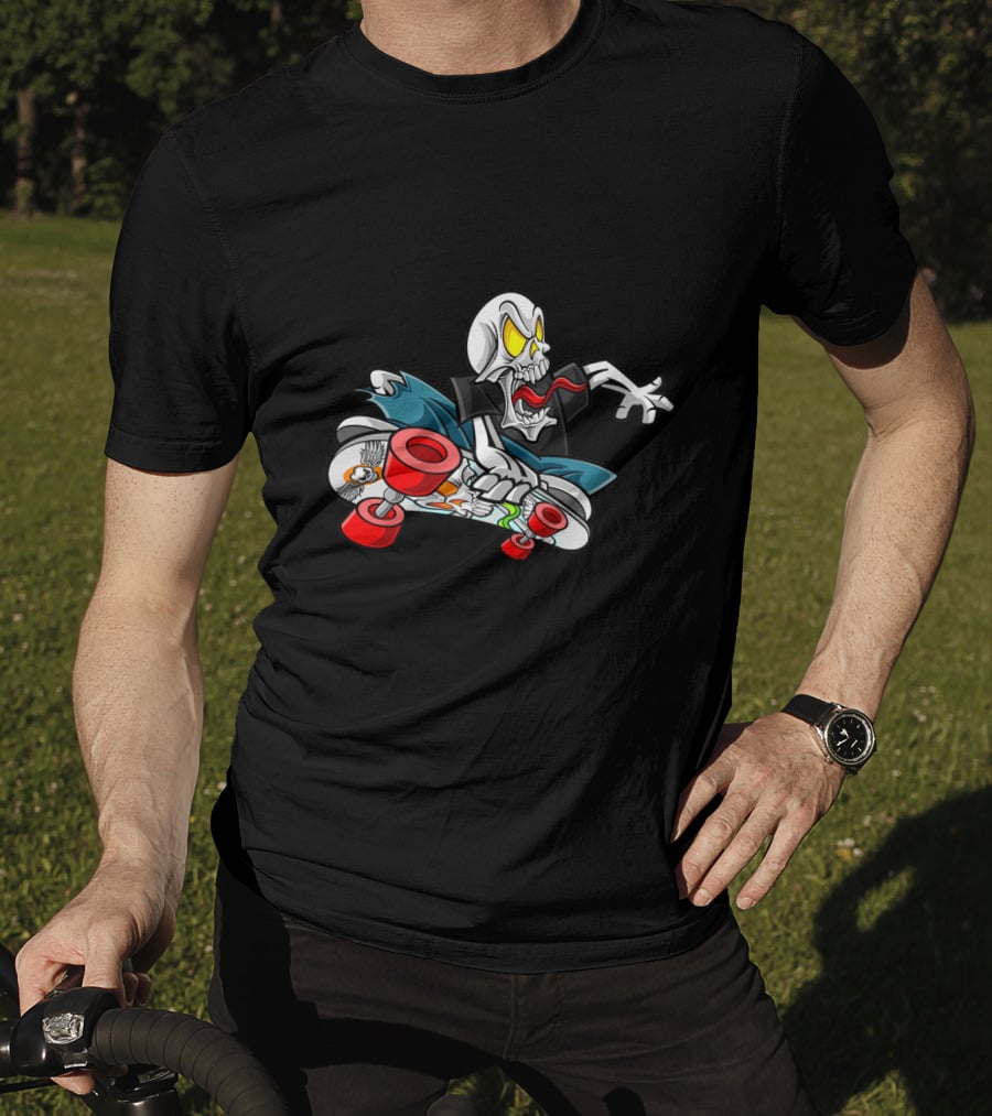 Halloween Skull Skateboarder With Red Wheels And Yellow Eyes T-Shirt