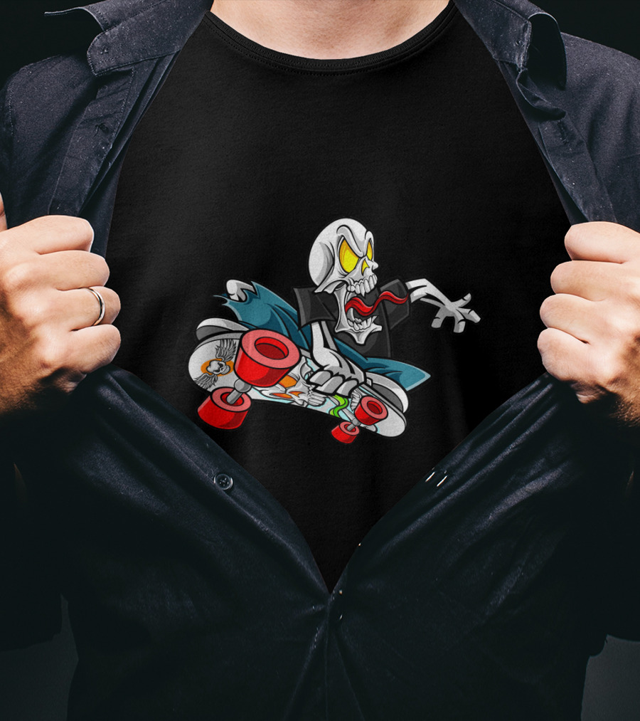 Halloween Skull Skateboarder With Red Wheels And Yellow Eyes T-Shirt