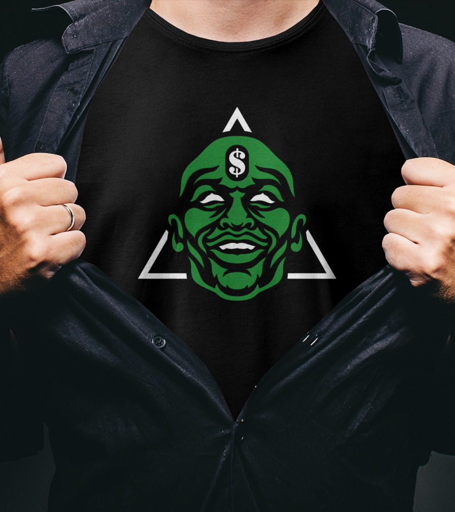 Green Smiling Face With Dollar Sign And White Triangle T-Shirt