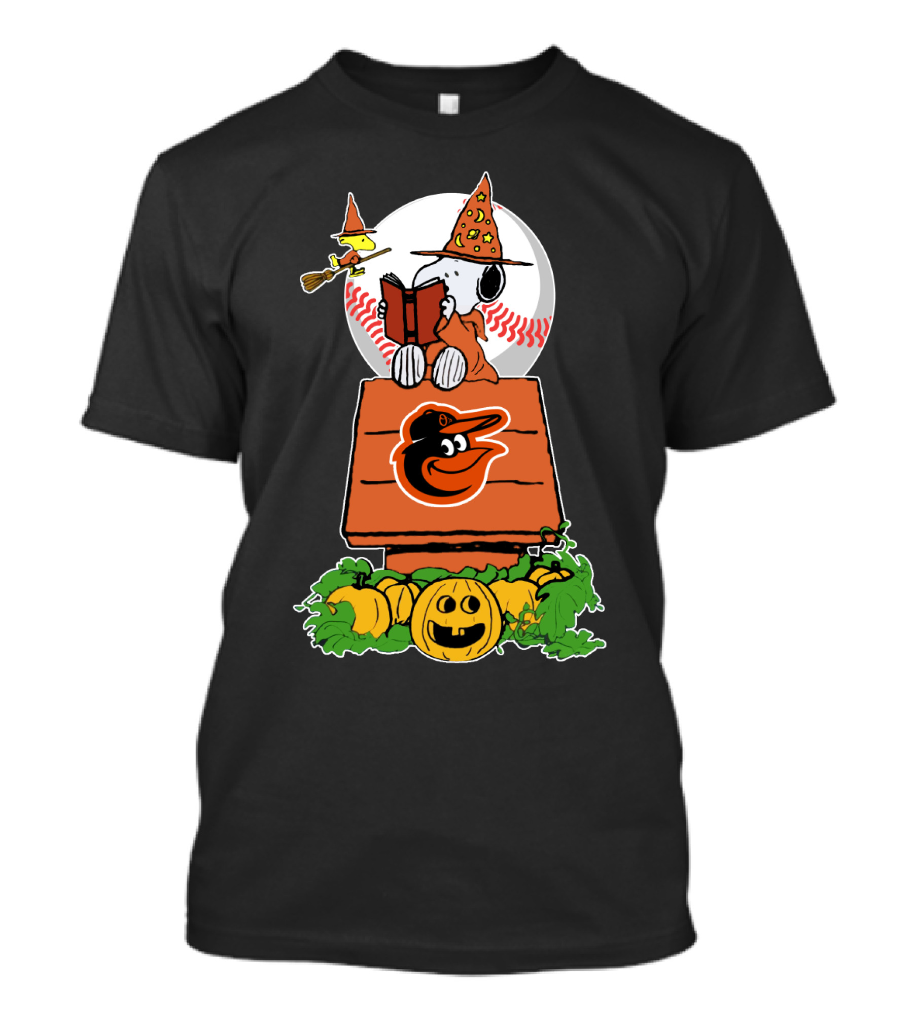 Baltimore Orioles Halloween Snoopy Reading On Doghouse With Woodstock And Pumpkins T-Shirt