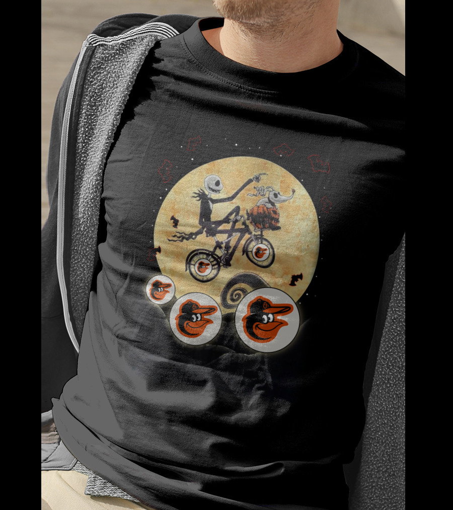 Baltimore Orioles Halloween With Skeleton On Bicycle And Moon Bats T-Shirt