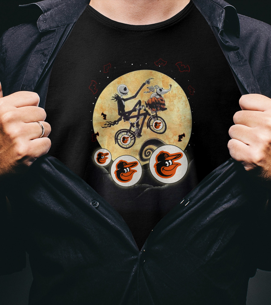 Baltimore Orioles Halloween With Skeleton On Bicycle And Moon Bats T-Shirt