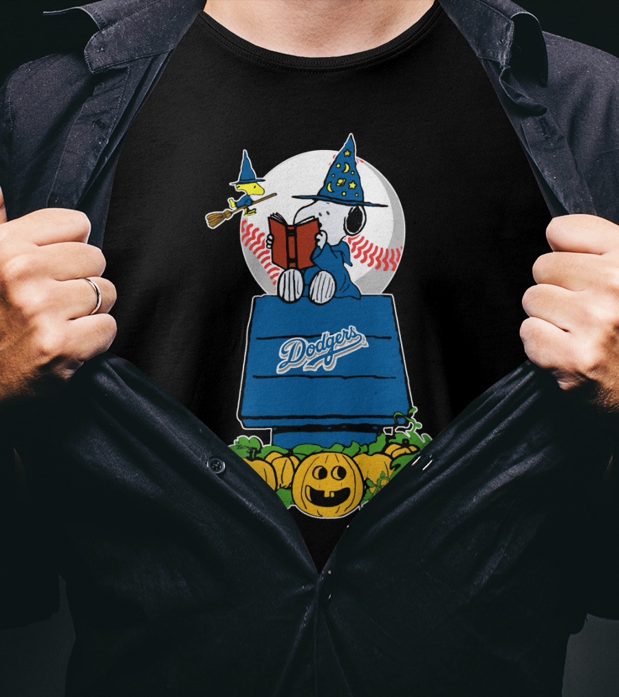 Halloween Dodgers Snoopy Wizard With Woodstock And Pumpkins T-Shirt