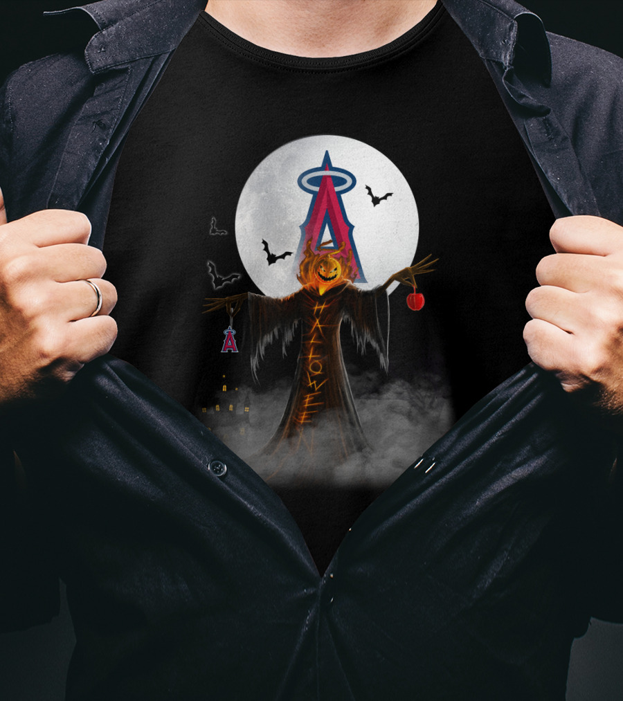 Los Angeles Angels Halloween Jack-O'-Lantern With Bats And Moon T-Shirt