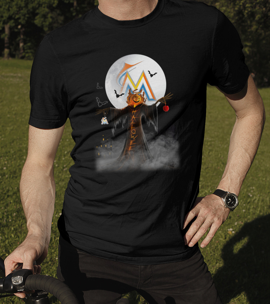 Halloween Miami Marlins Pumpkin Moon Bats And Haunted Castle T-Shirt