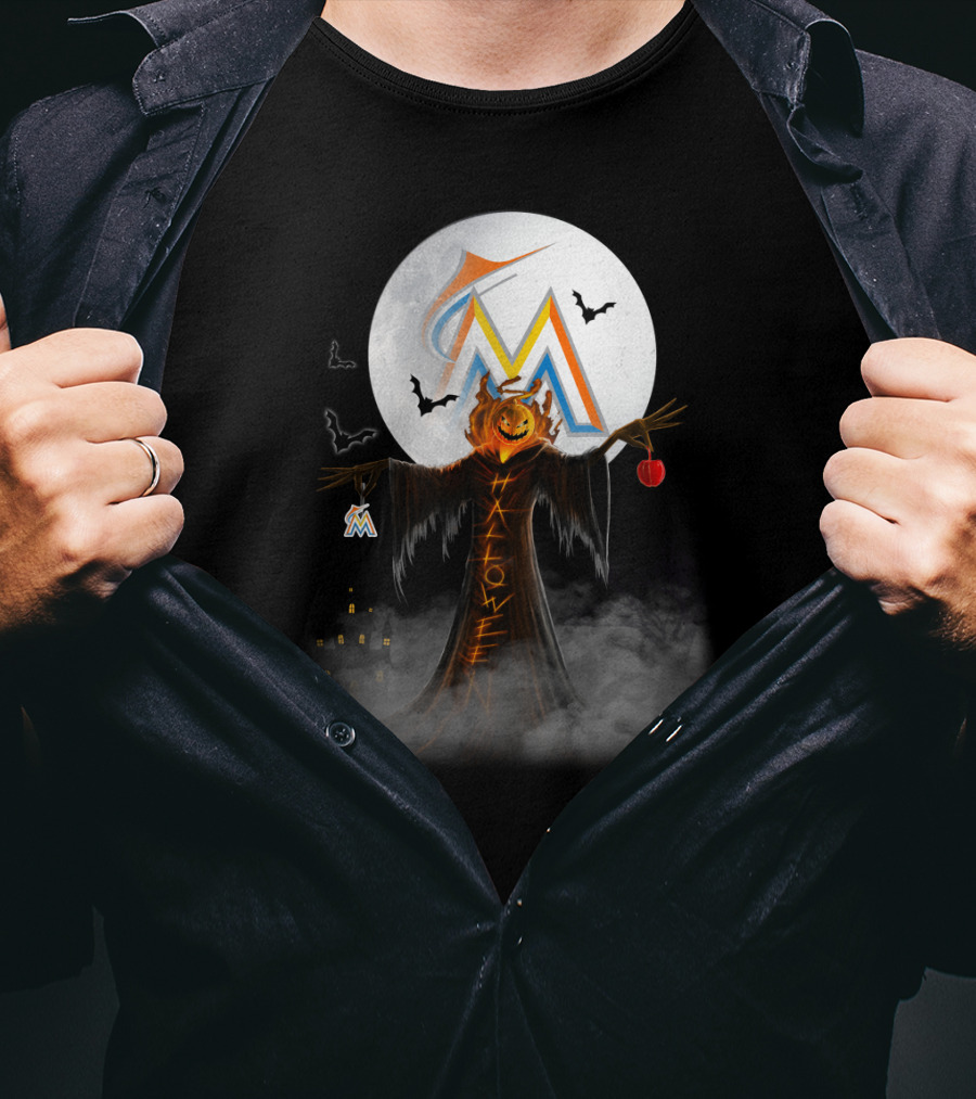 Halloween Miami Marlins Pumpkin Moon Bats And Haunted Castle T-Shirt