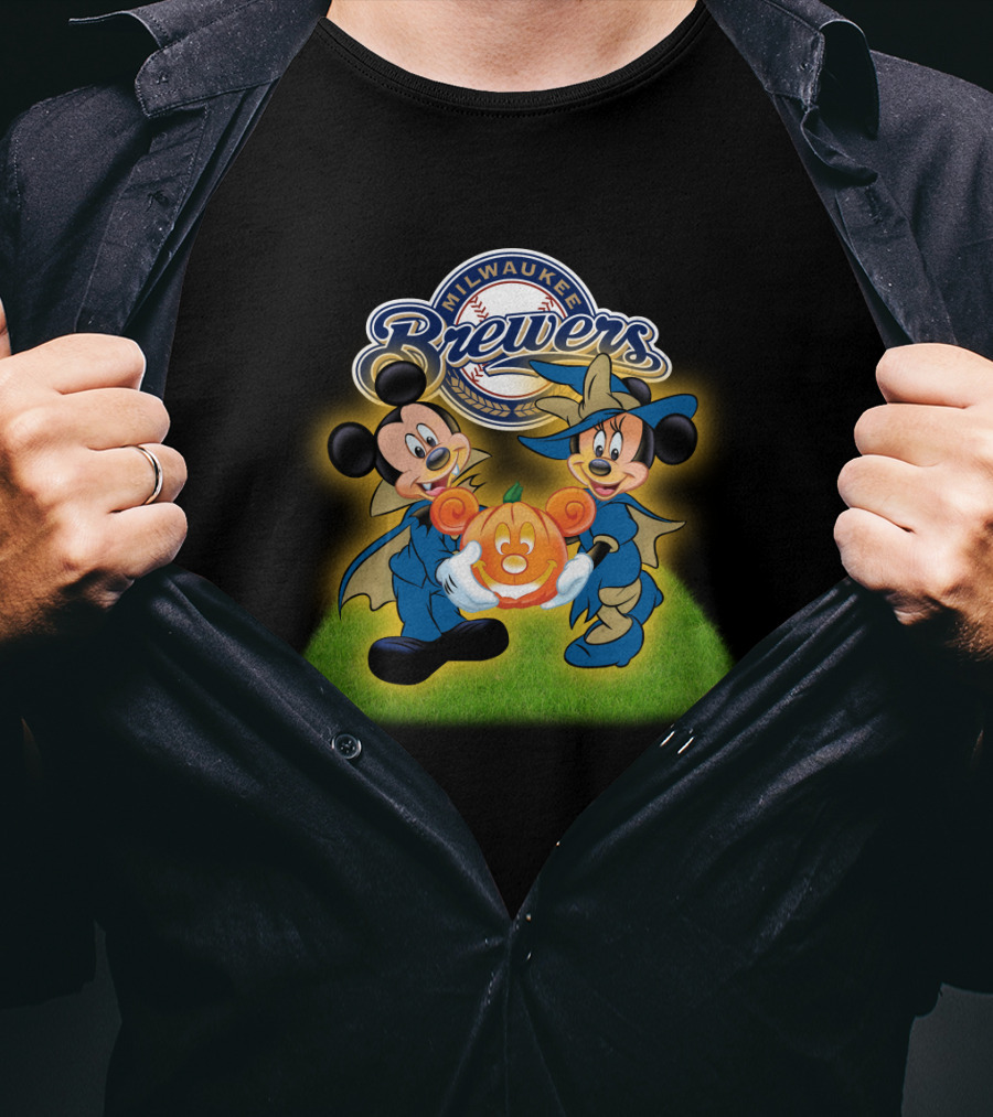 Milwaukee Brewers Halloween Mickey Mouse And Minnie Pumpkin T-Shirt
