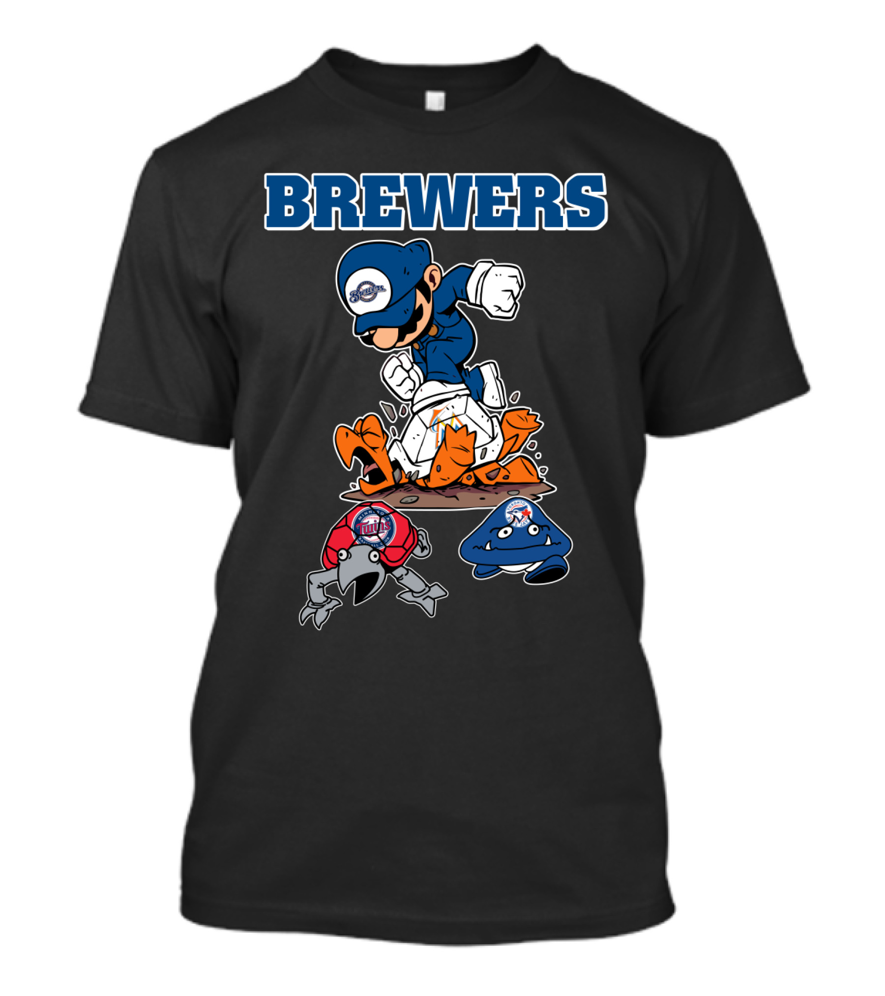 Brewers Cartoon Character In Blue Cap Stomping Orange And Red Creatures T-Shirt