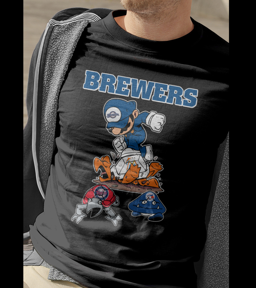 Brewers Cartoon Character In Blue Cap Stomping Orange And Red Creatures T-Shirt
