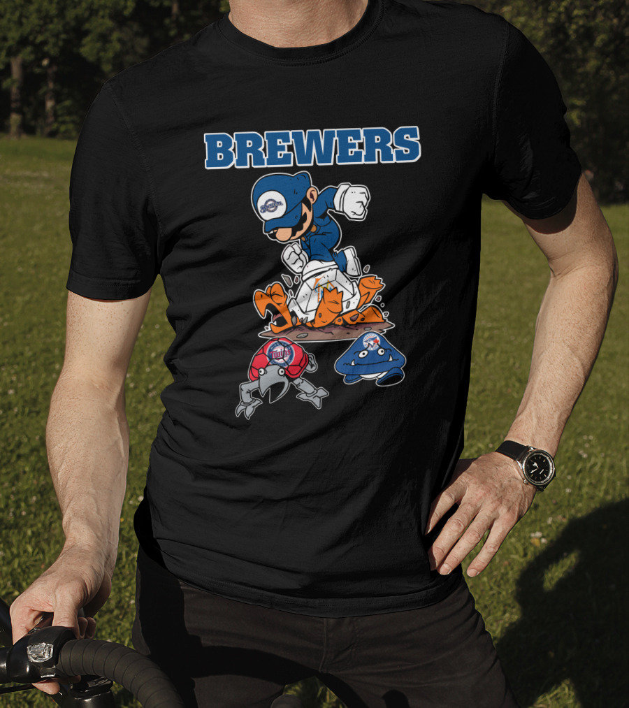 Brewers Cartoon Character In Blue Cap Stomping Orange And Red Creatures T-Shirt